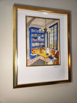 Tranquil House Cat in Library Artwork. Gold Framed