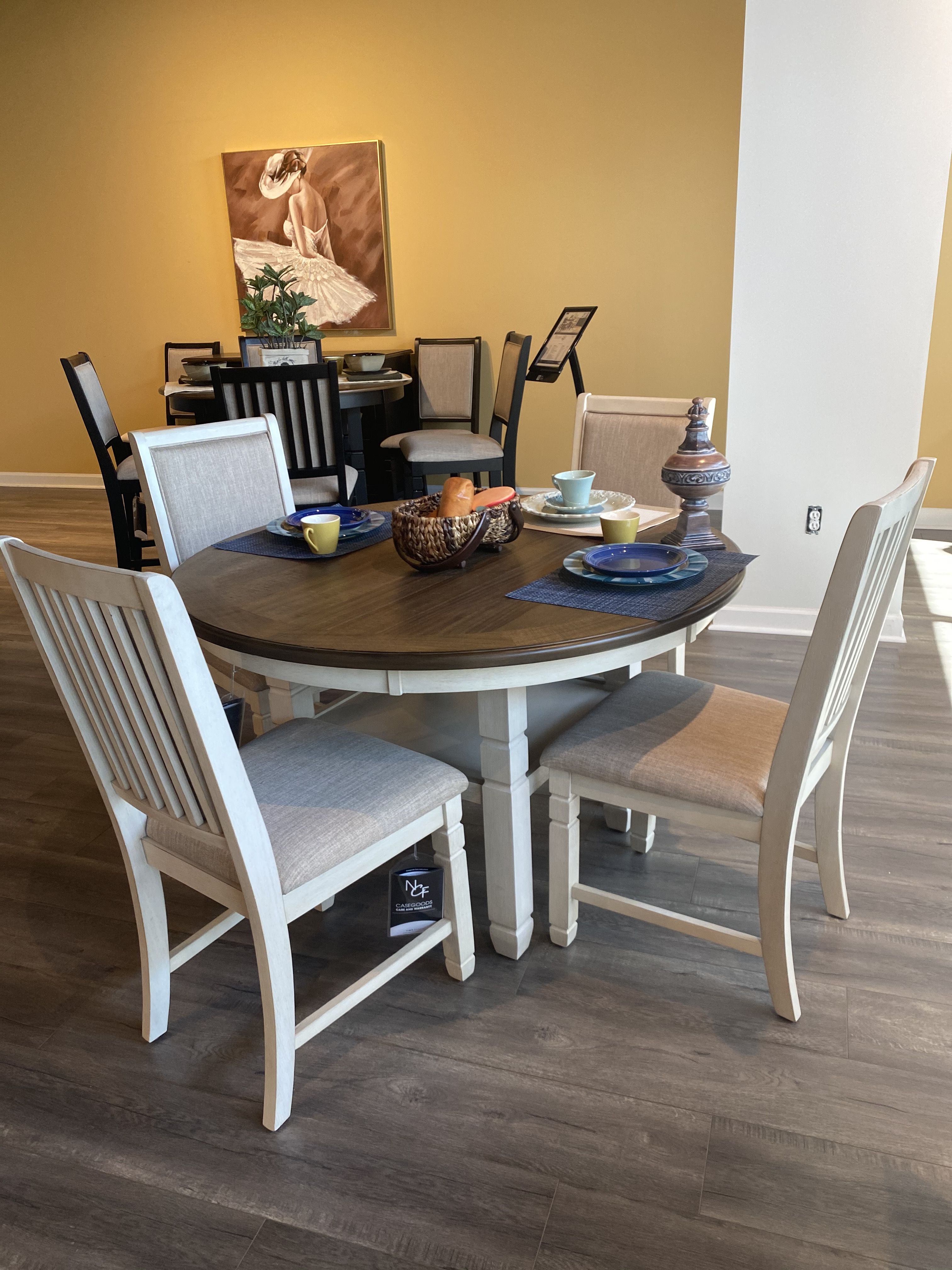 Markdown! Farmhouse Dining Table with Shelf & Four Upholstered Chairs