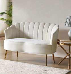 NEW White Channel-Tufted Loveseat with Gold Legs
