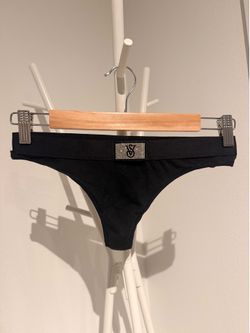 Victoria's Secret black rhinestone logo thong/string small