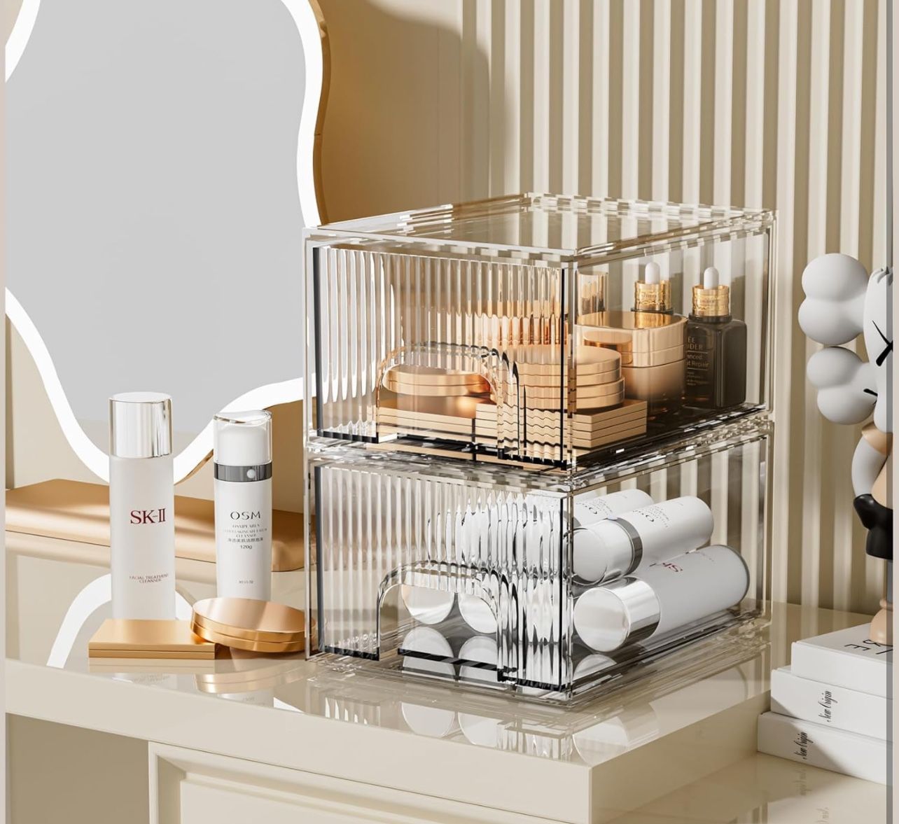 3Pack Striped Stackable Makeup Organizer, Clear Acrylic Organizers Storage Drawer Organizer, Cosmetics Case and Beauty Organizer for Vanity, Kitchen C