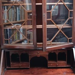 Antique  Vintage Drop Front Secretary Desk And Bookshelves With Cubbies And Drawers Solid Wood