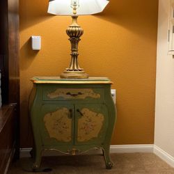 French Provincial / Louis XV-style bombe chest And Two Nightstands 