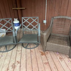 3 big chairs for garden or patio like new one wicker with cushion twos swivel metal big and heavy all 125