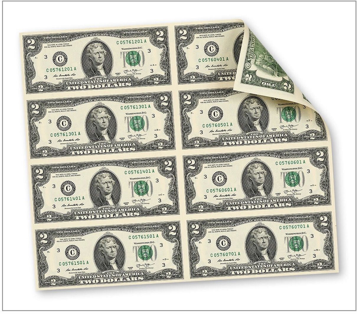Sheet Of Eight Two Dollar Bills.