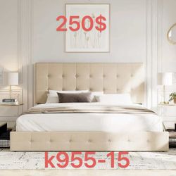 Upholstered King Size Platform Bed Frame, Square Stitched Button Tufted, Beige with 4 Storage Drawers, Headboard, Mattress Foundation（k944-15