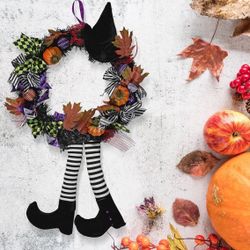 NIB Halloween Door Wreath 42" Witchy Decor Pumpkin Leaves Witch Hat & Legs 