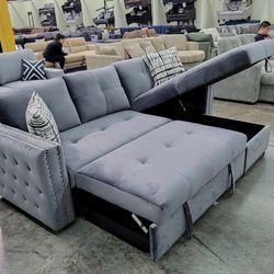 ✅️✅️2 pc grey velvet sectional sofa set pull out sleep area with reversible pop up storage chaise nail head trim tufted accents✅️