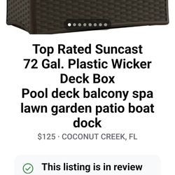 Top Rated Suncast

72 Gal. Plastic Wicker

Deck Box

Pool deck balcony spa lawn garden patio boat dock toy box garage tool bin locker box chest trunk