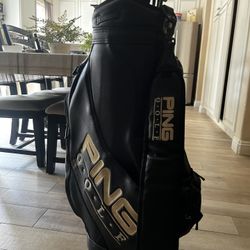 Vintage Ping Leather Golf Bag And Set Of Golf Clubs:  Set Of Irons + 3 and 5 Wood, Wedge, And 2 Putters 
