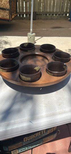 Wooden Lazy Susan planter Tray with ceramic cups