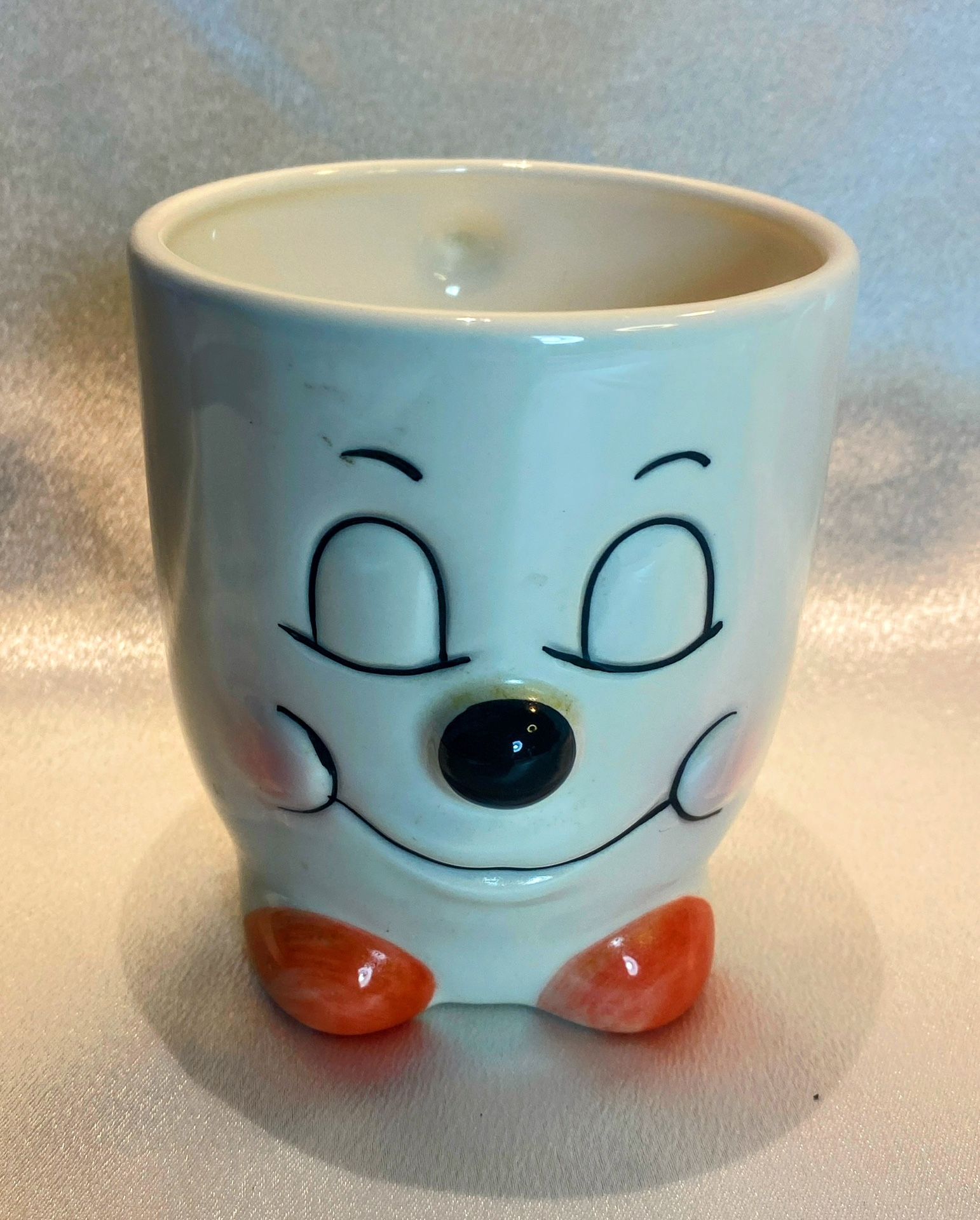 Vintage B•K Ceramic Smiley Face Mug with Orange Shoe Base – 4.5″