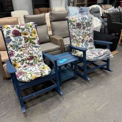 Set of 3 SERWALL Oversized 2 of Outdoor HDPE Rocking Chair with Cushion, Blue Rocker and Flower Cushion with side table