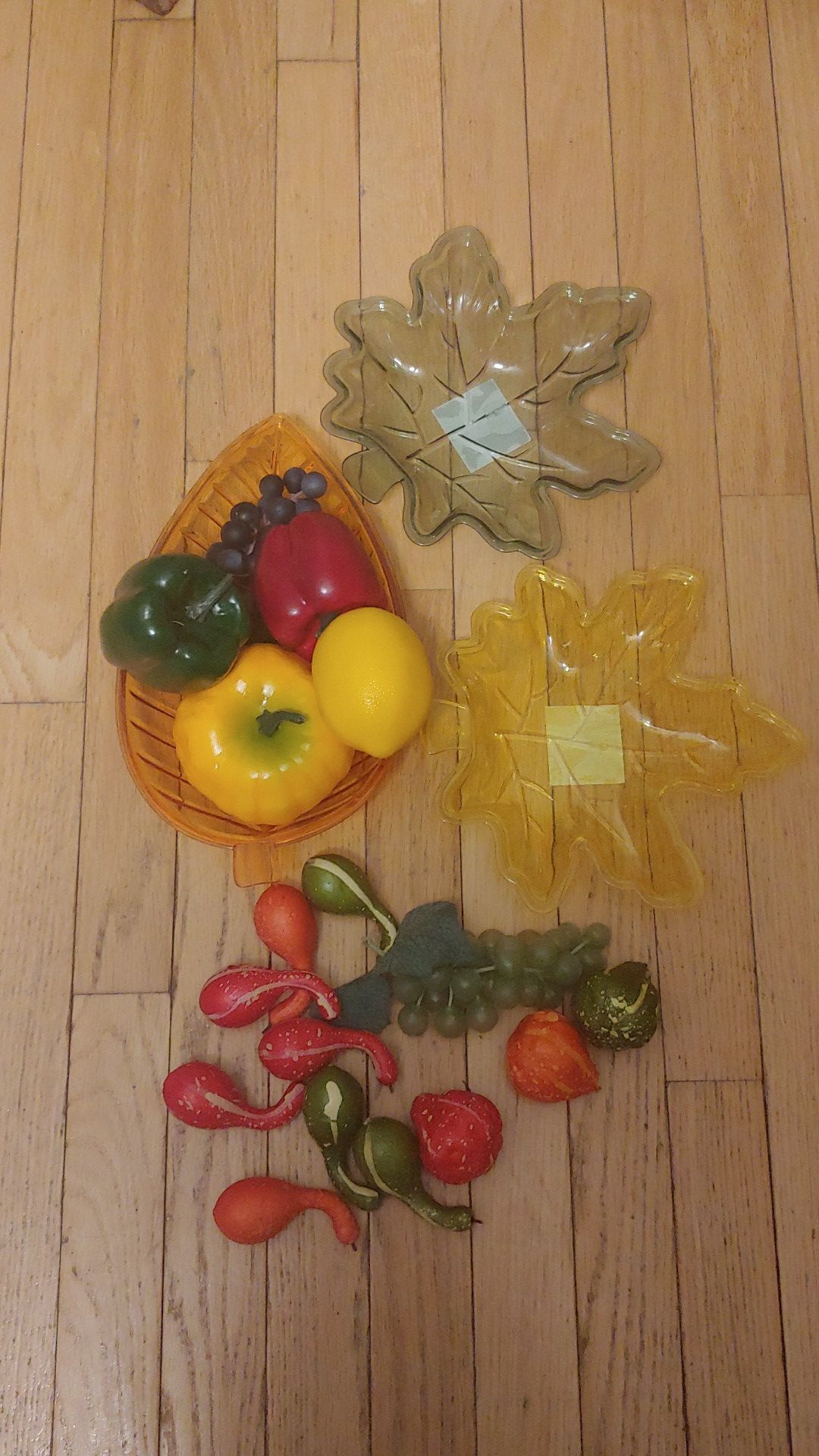 Decorative fruit, veggies and dishes