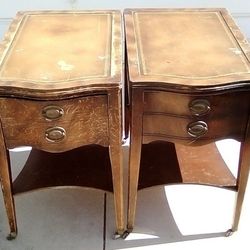 Antique Inlaid Leather Top End Tables