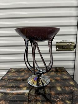 Purple Jellyfish Art Glass Compote Pedestal Bowl Iridescent Base
