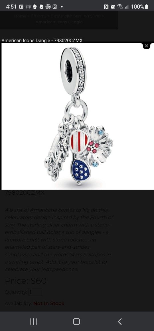 Pandora Stars and Stripes retired Charm NIB