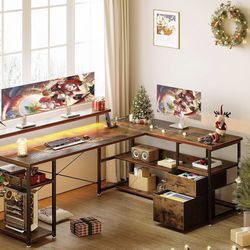 29-53 ODK L Shaped Gaming Desk with File Drawers, Reversible Computer Desk with Power Outlets & LED Lights