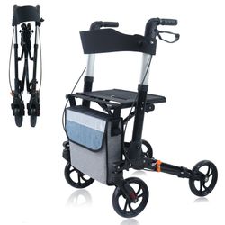 Rollator Walker (only 16lbs) for Seniors with Handbrake, Upgraded Thumb Press Button for Height Adjustment, 4 x 8 Wheels Walker with Seat Padded Backr