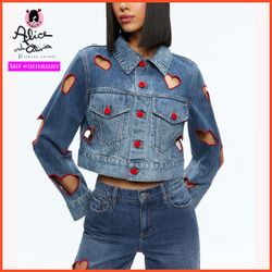 Alice + Olivia Jeff Heart Embroidered Cropped Denim Jacket