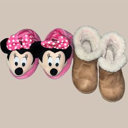 Minnie Mouse Slippers & winter boots size 5/6  Minnie Mouse pink slippers size 5/6 Wonder nation brown boots size 6