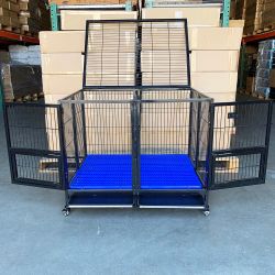 $190 (New) Folding heavy duty dog cage 41x31x34” double-door stackable kennel w/ divider, plastic tray