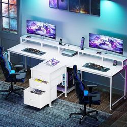 93" Computer Desk with Fabric Drawers & File Cabinet- 2 Person Home Office Desks with Power Outlet, Long Writing Desk with Monitor Stand, Storage Shel