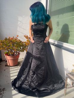 Size 8 Black satin prom dress with beaded floral details and a flowy skirt