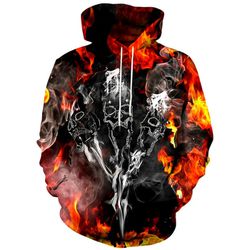 Unisex Black Orange Unique Fire Snoke Illusion Skulls Graphic Hoodie Sweatshirt 