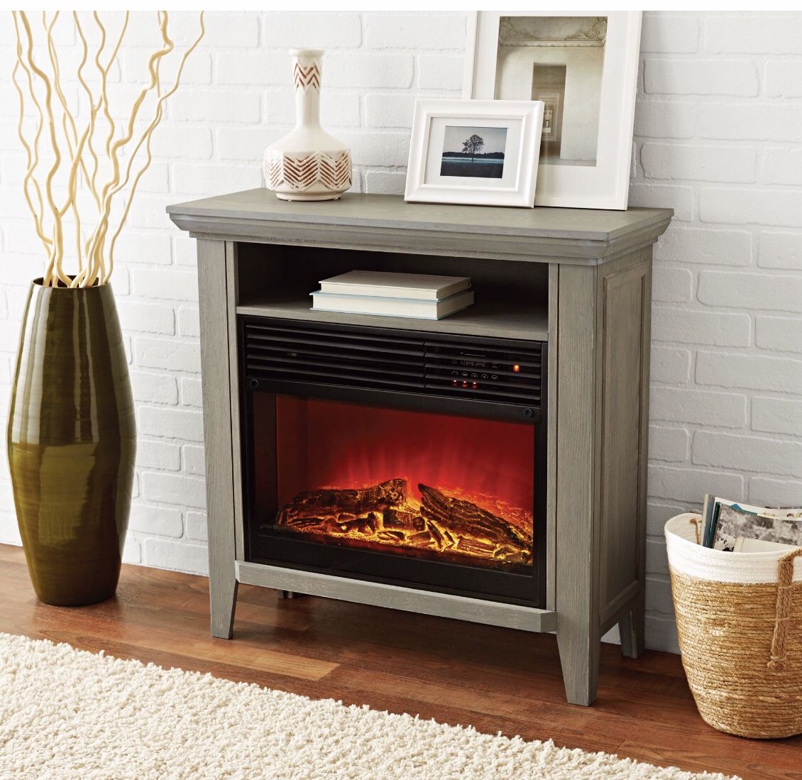 NEW - Infrared Quartz Fireplace Heater with Storage Shelf, Remote Control