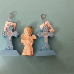 Angel Statue and Two Blue Cross Picture Holders