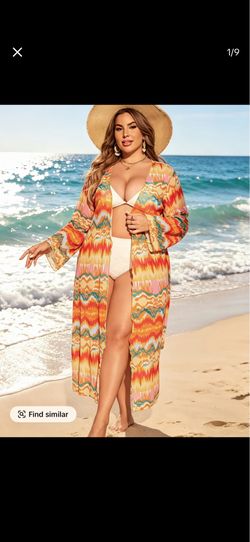 Women's Plus Size European Style Colorful Print Long Sleeve Wrap Top, Loose-Fitting Beach Cover Ups for Beach Vacation, Casual All-Over Print