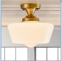 youngrender Semi Flush Mount Ceiling Light, Gold Schoolhouse Milk Glass Light Fixture, Vintage Brass Farmhouse Ceiling Light for Kitchen Hallway Entry