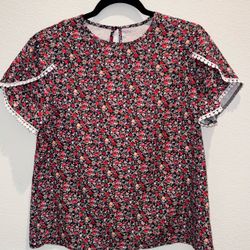 Floral Short Sleeve Blouse with Lace Trim