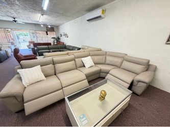 Natuzzi Beige Julius Il Leather Sectional w/ 3 Power Recliners