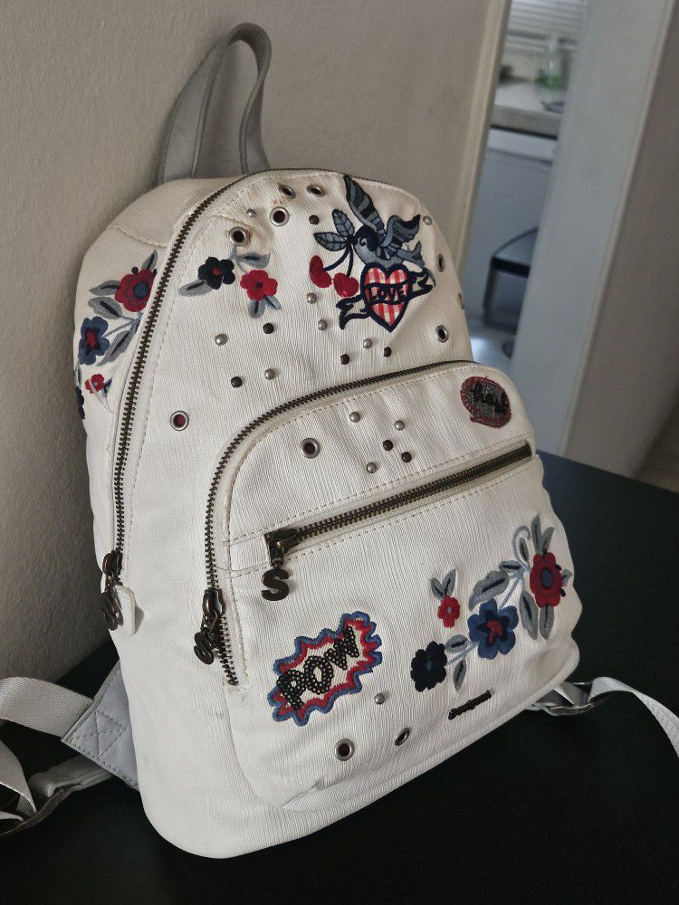 Desigual Small Backpack/ Purse White With Embroidery