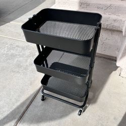 3-Tier Rolling Utility Cart (Black) – Metal Mesh Shelves