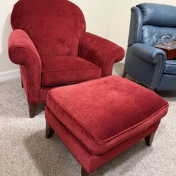 Red Corduroy Arm Chair & Ottoman 