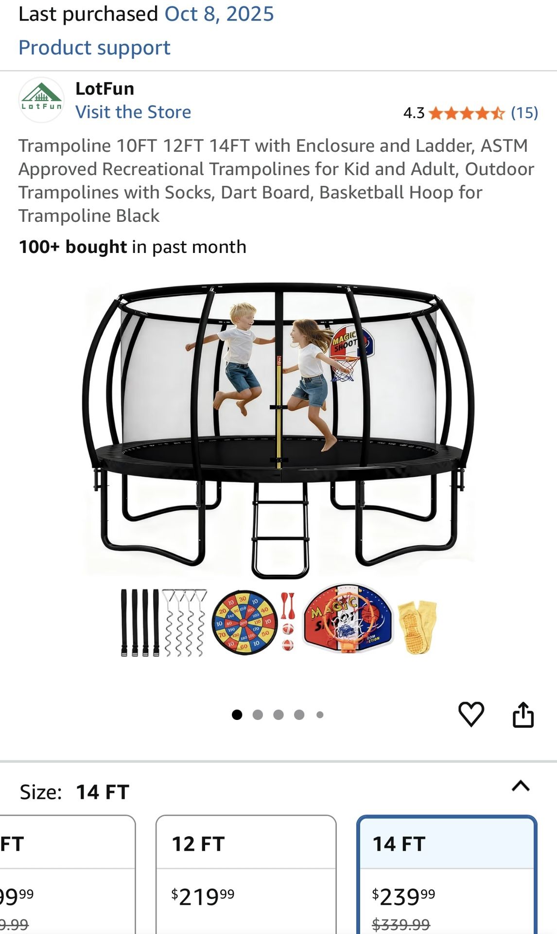 Trampoline  14FT with Enclosure and Ladder, ASTM Approved Recreational Trampolines for Kid and Adult, Outdoor Trampolines with Socks, Dart Bo