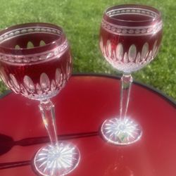 Pair Of  Waterford Crystal Clarendon Ruby Cut to Clear Hocks Wine Glasses