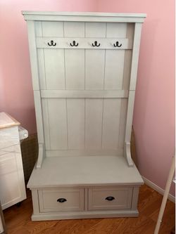 Light gray hall tree with storage bench