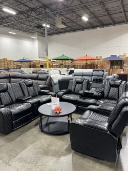 Premium Modern Black Power Recliner 3Pcs set With Bluetooth Speaker And LED Lights 