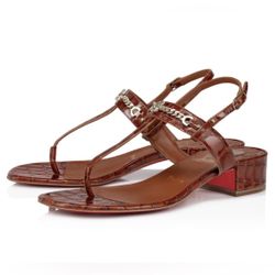 CHRISTIAN LOUBOUTIN MJ THONG CARAMEL BROWN CROC CALF LEATHER SANDALS SZ 39 BLOCK HEEL NEW!