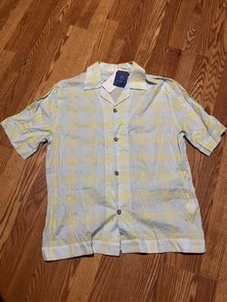 SMR Days Men L 100% Cotton Plaid Short Sleeve Button-Up Shirt Light Blue Yellow