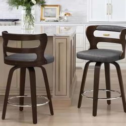 Gray Solid Wood Swivel Bar Stool Faux Leather 26 inch Barstools