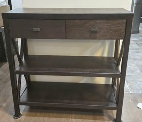 Dark Wood Console Table with Drawers and Shelves