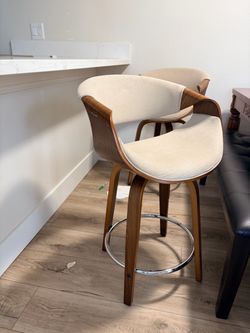 Living Spaces Vini Curve Cream Fabric Walnut Swivel 26” Counter Height Bar Stool Set of 2