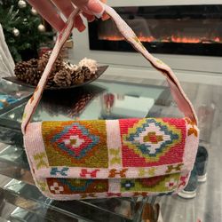 Pink And Green Beaded Shoulder Bag 