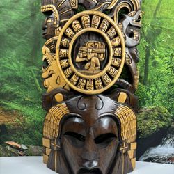 Tribal Mask Warrior Headdress Hand-Carved Wood Folk Art Wall Hang
