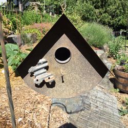 PENDING///Decorative Metal Bird House Or Yard Garden Art  Never Used By Birds   Roof Measures 7-3/4” L X 6-3/4D